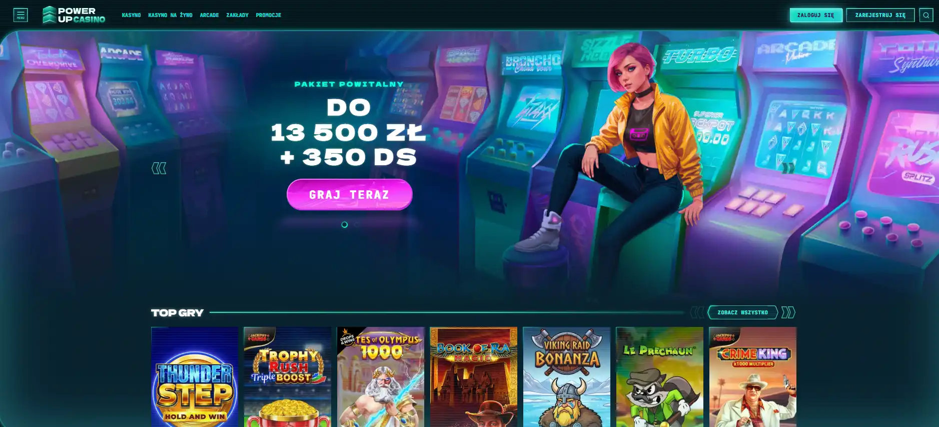 Polskojęzyczny interfejs PowerUp z nawigacją kasyno, live i promocje
